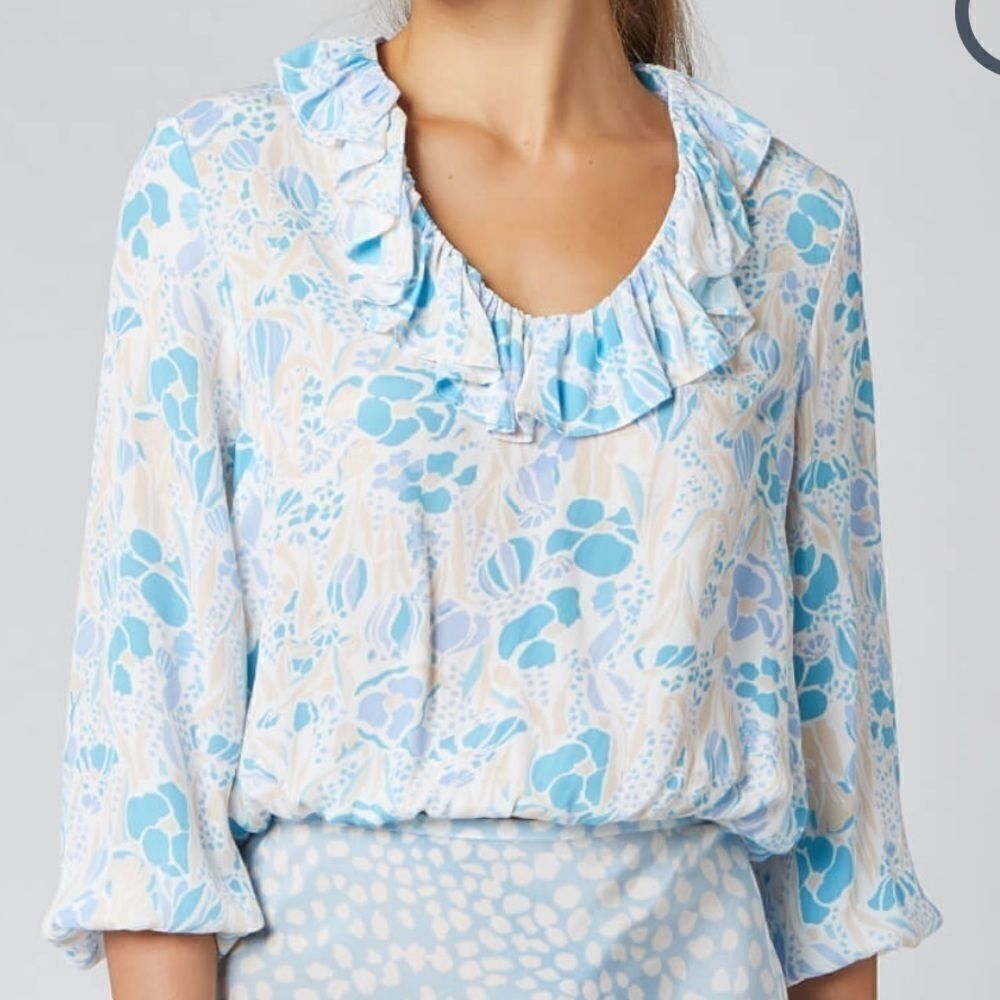RIXO Alora Klimt Floral Frill Collar Silk Blend Blue Top SIZE SMALL